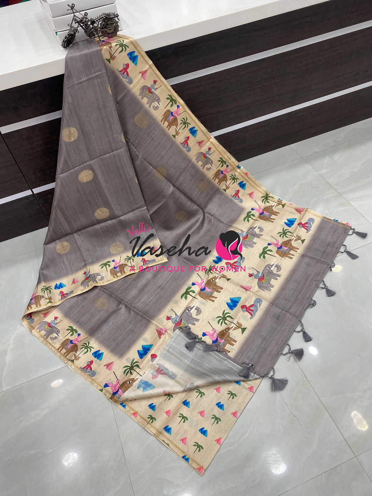 Semi Matka Tussar Saree - Pichwai Design - VVSMT003