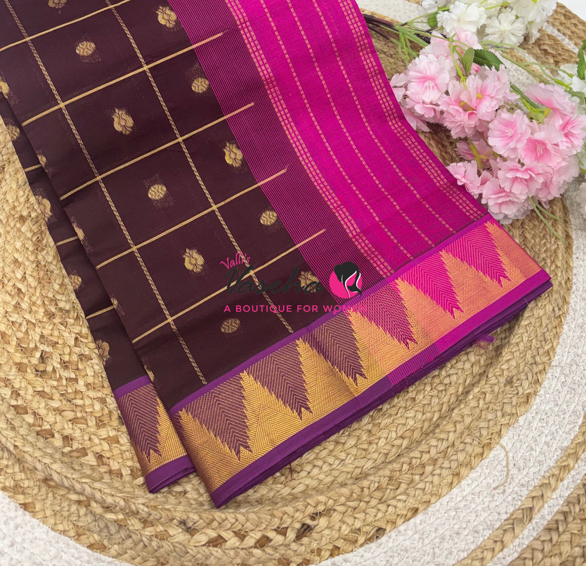 Semi Silk Cotton Saree - Checked Pattern with Butta  - VVSSC013