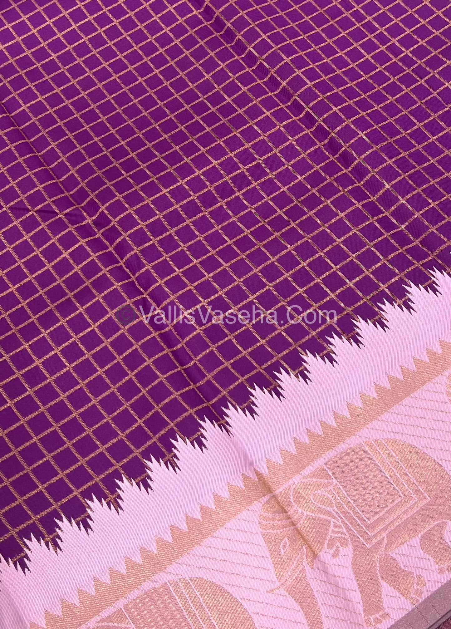 Semi Silk Saree - Kanchi Silk Style - Elephant Border - Purple with Light Pink  - VVSSS005