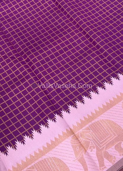 Semi Silk Saree - Kanchi Silk Style - Elephant Border - Purple with Light Pink  - VVSSS005