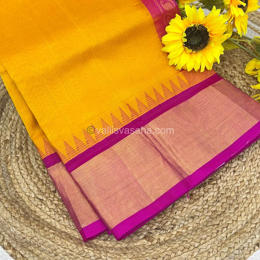 Pure Korvai Silk Cotton Saree -  Yellow With Blue Shade Temple border - VVKSC001
