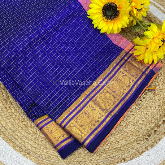 Pure Silk Cotton Saree - Blue with Peachish Pink- Lakshadeepam Design - VVPLD001