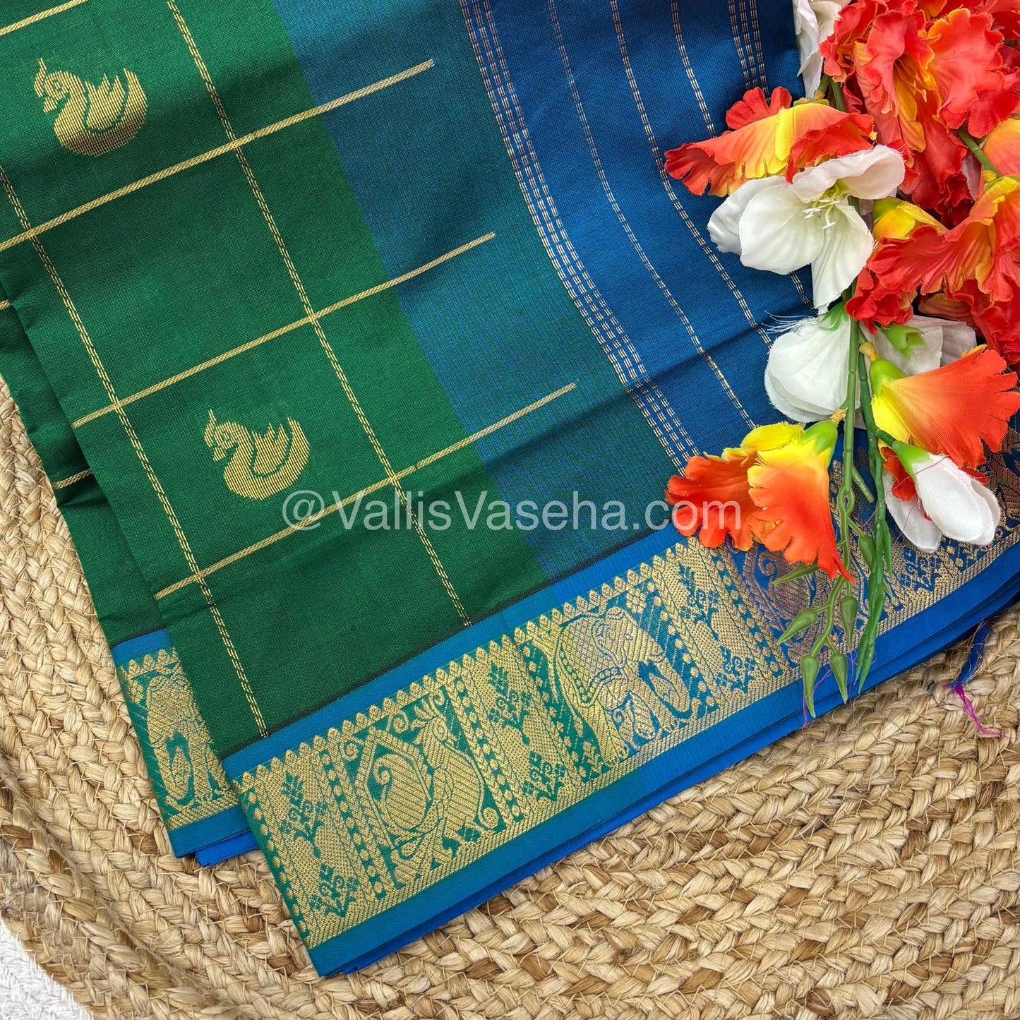 Semi Silk Cotton Saree - Green  with Blue shade - VVSSC002