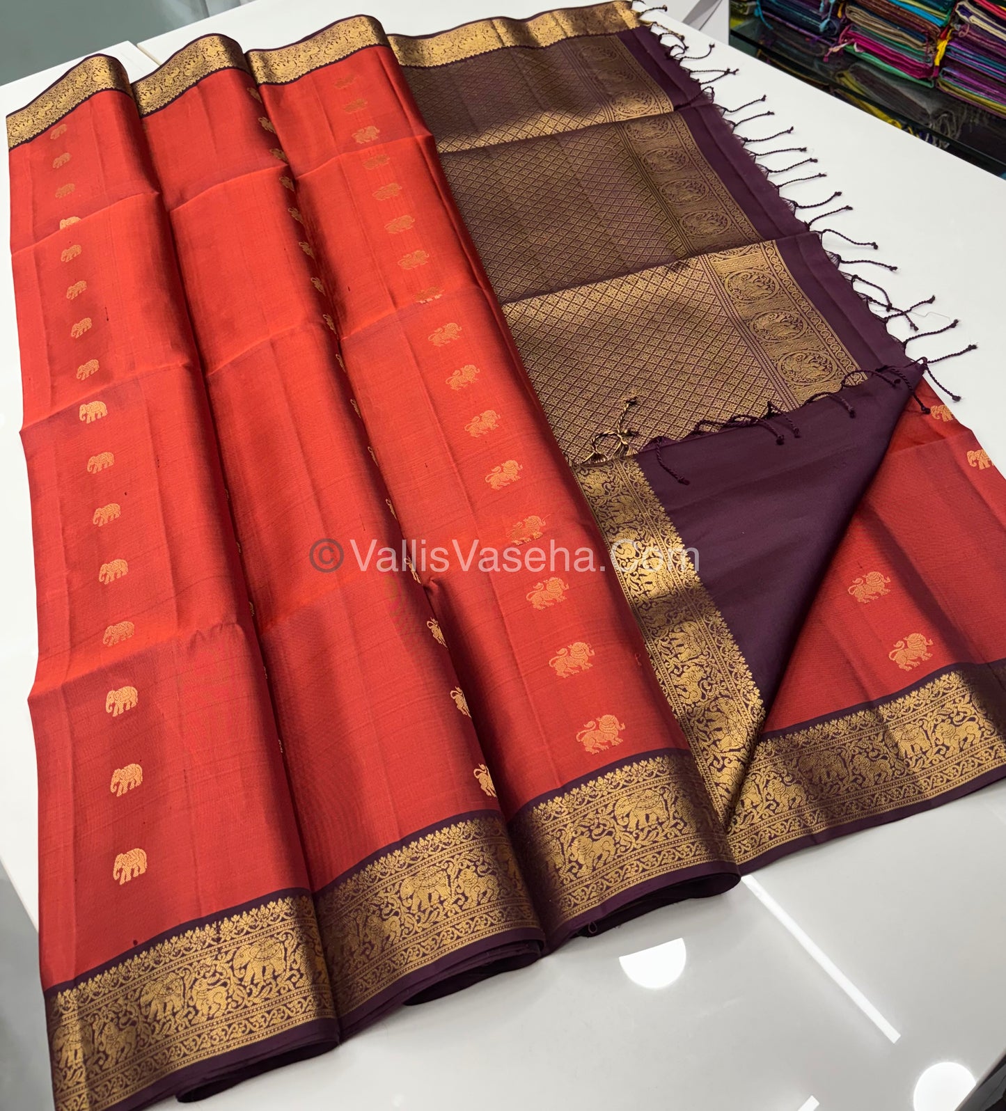 Pure Soft Silk Saree - Kanchi Border - Rust Orange With Wine Brown Shade - VVPSS015