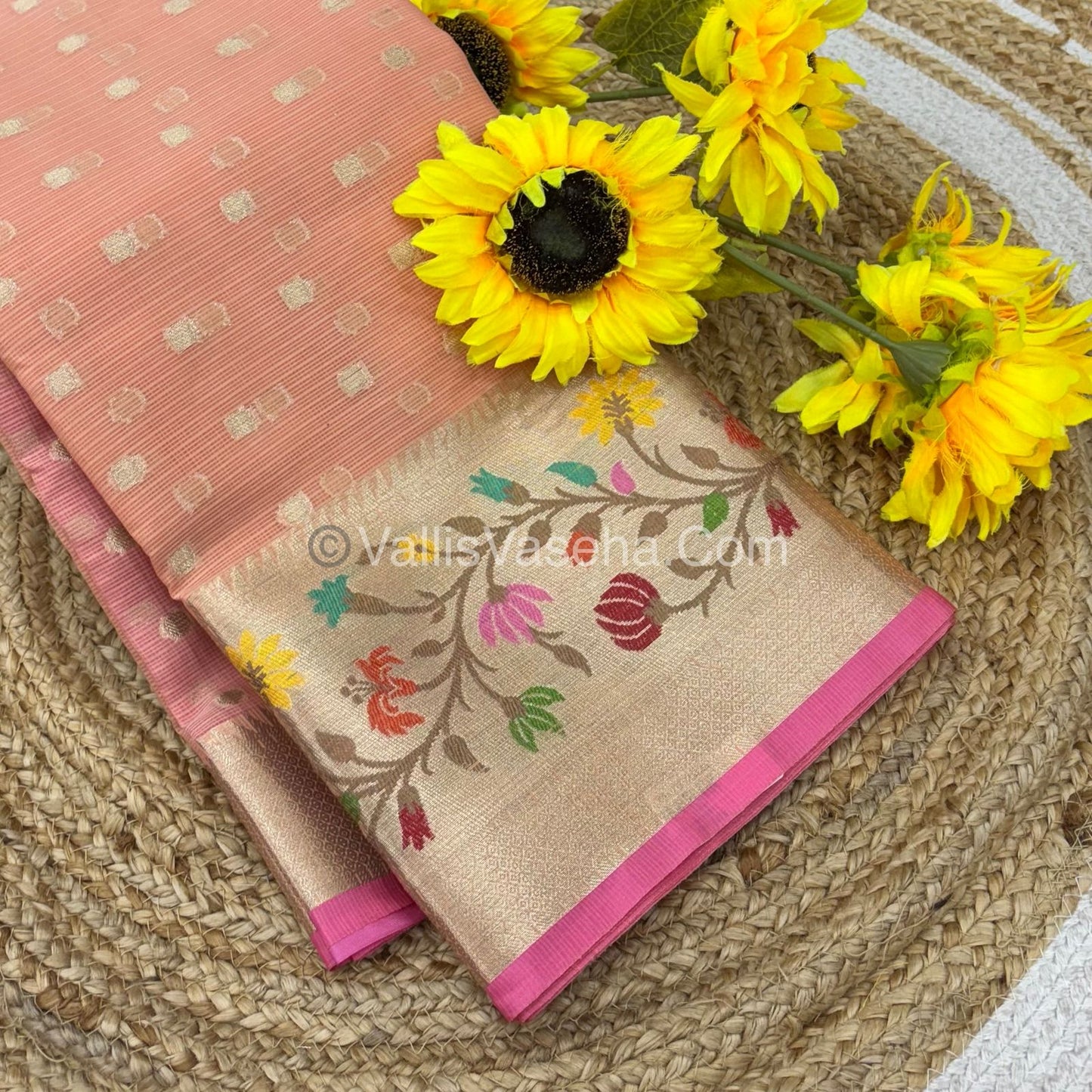 Kota Saree - Paithani Border - Peach  with Pink - VVKPS001