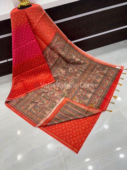 Semi Chanderi Saree - Fusion Of Bandhini & Madhubani- VVSCS002