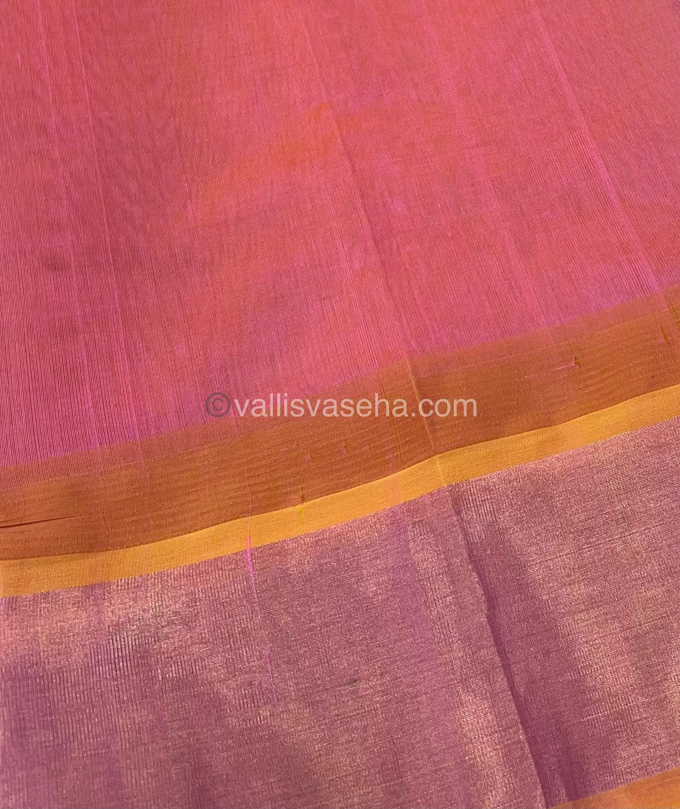 Pure Korvai Silk Cotton Saree - / Half white With Peachish yellow  - Temple border - VVKSC001