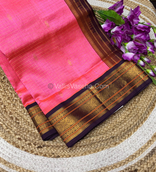 Pure Korvai Silk Cotton - Peachish Pink with Maroon - VVKSC029