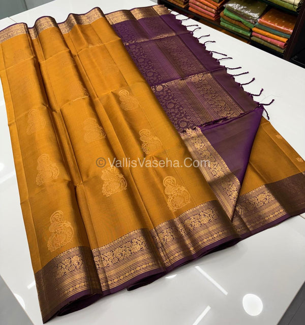 Pure Soft Silk Saree - Kanchi Border - Mustard Yellow & Dual Tone Purple Combo - VVPSS046