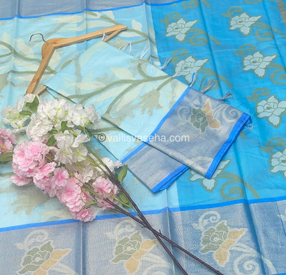 Banarasi Pochampally Weaving Semi Soft Cotton Saree - Light Blue with Blue - VVBPS001