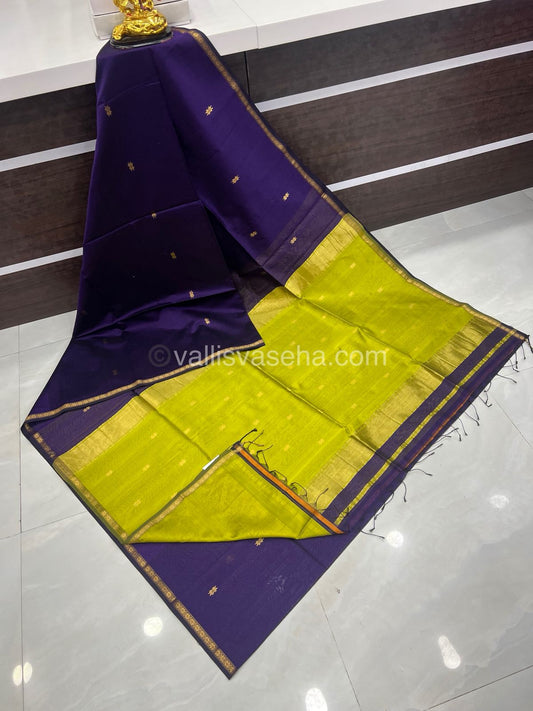 Pure Maheshwari Silk Cotton Saree - Violet & Lemon Green Color - VVMSC002