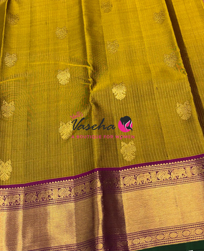 Pure Kanchipuram Silk Saree - Vairavoosi Design  - Mustard Yellow With Purplish Pink - VVPS059