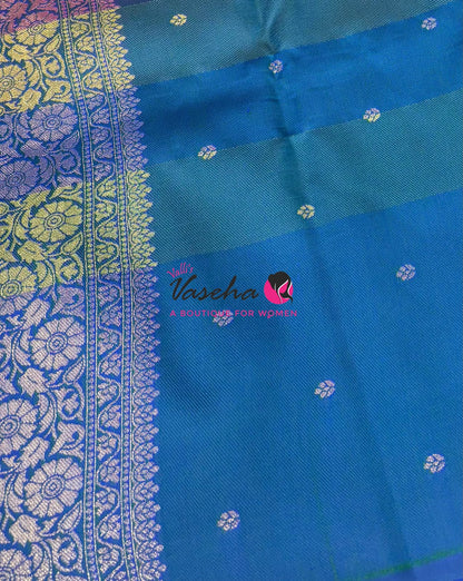 Semi Soft Silk  - Madras Checks Pattern - Peacock Blue Shade  - VVSSS042