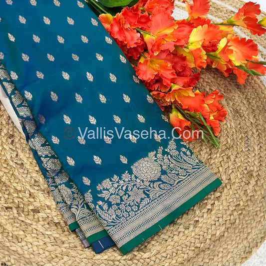 Semi Soft Silk with Border - Peacock Blue Shade -VVSSS012