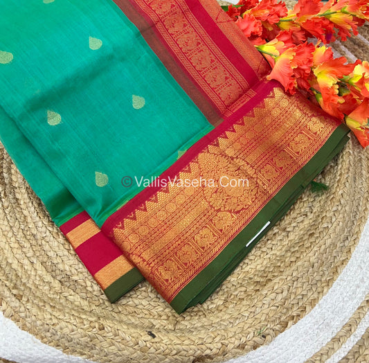 Pure Korvai Silk Cotton Saree - Turquoise Green with Red - VVKSC019