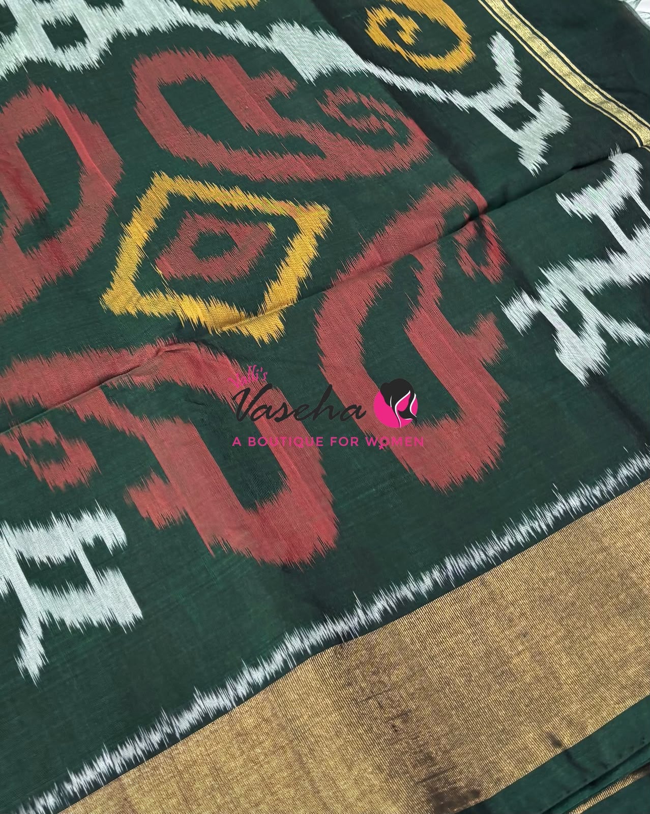 Pochampally Silk Cotton Saree - Sandal & Green Shade - VVPPS001