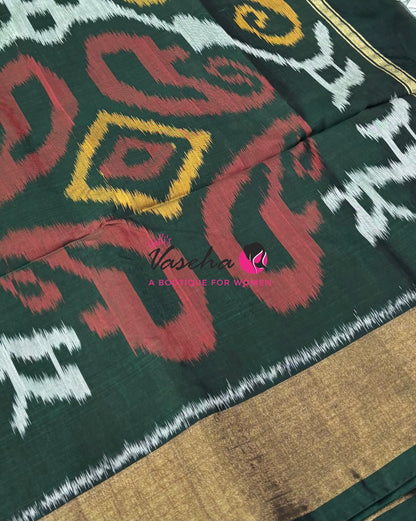 Pochampally Silk Cotton Saree - Sandal & Green Shade - VVPPS001