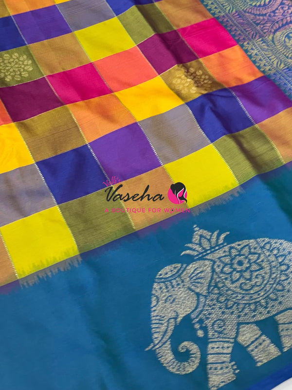 Semi Soft Silk  - Madras Checks Pattern - Peacock Blue Shade  - VVSSS042
