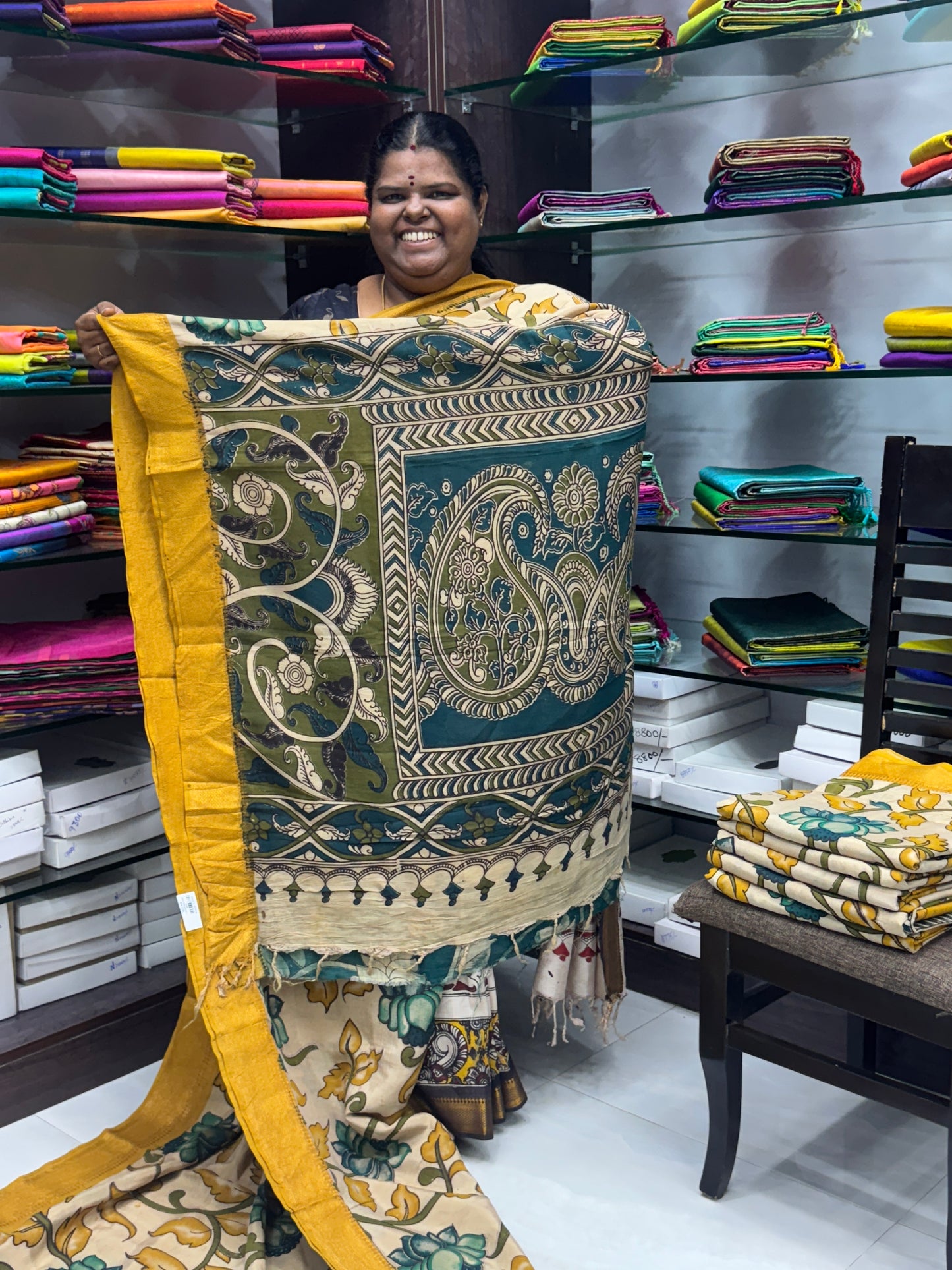 Chennur Silk | Kalamkari Prints | Cream With Yellow-VVCS005