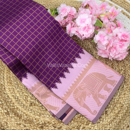 Semi Silk Saree - Kanchi Silk Style - Elephant Border - Purple with Light Pink  - VVSSS005