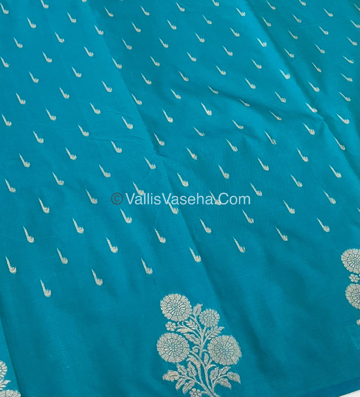 Semi Soft Silk - Flower  Butta Border - Turquoise Blue Shade -VVSSS016