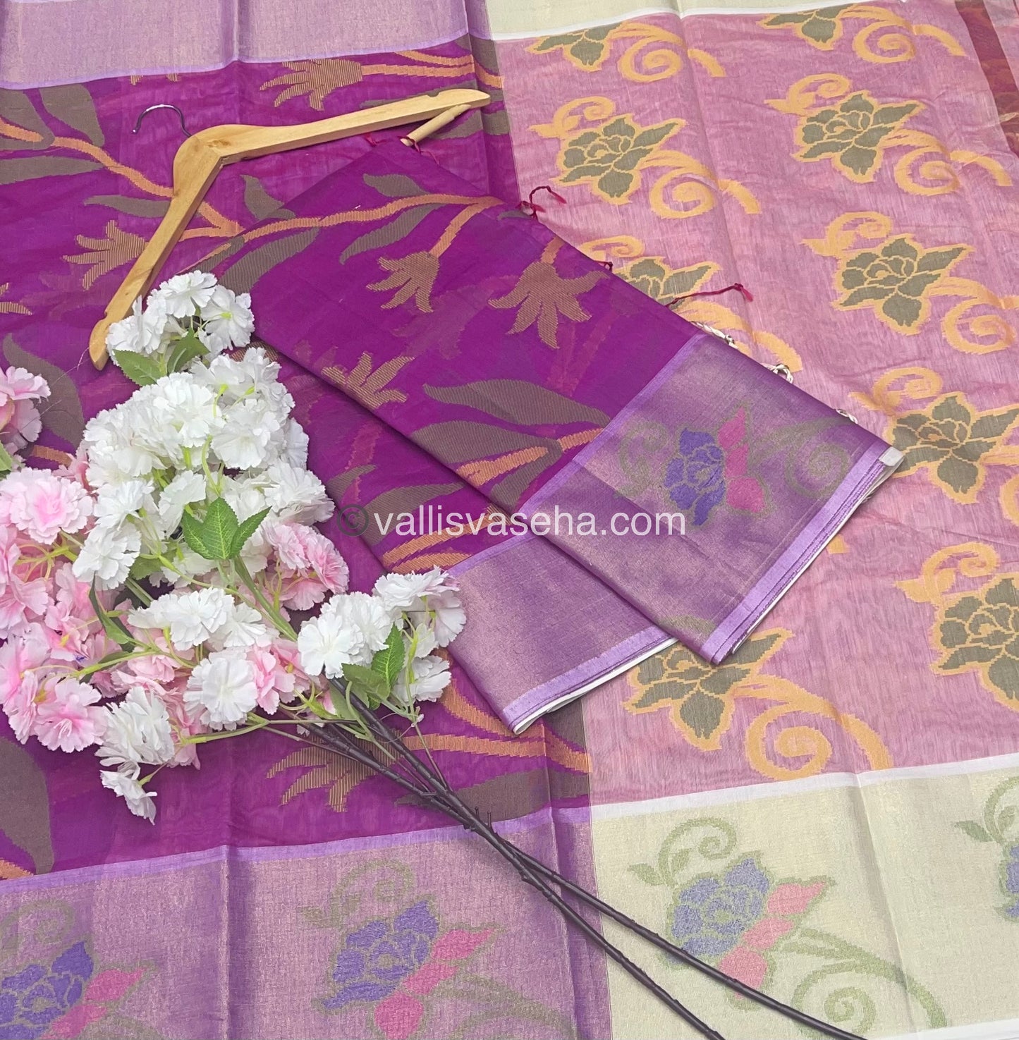 Banarasi Pochampally Weaving Semi Soft Cotton Saree - Purplish Pink with Cream - VVBPS001