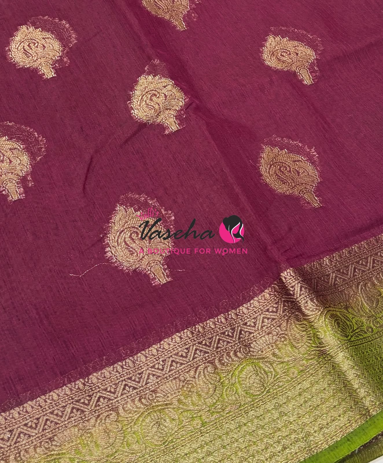 Bamboo Silk Saree - Wine With Green - VVBSS019