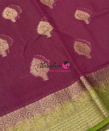 Bamboo Silk Saree - Wine With Green - VVBSS019