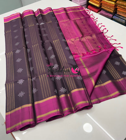 Pure Soft Silk Saree  - Kolam Weaving  - Brown & Pink Combo - VVPSS143