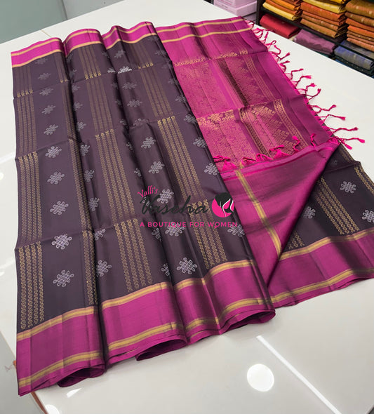 Pure Soft Silk Saree  - Kolam Weaving  - Brown & Pink Combo - VVPSS143