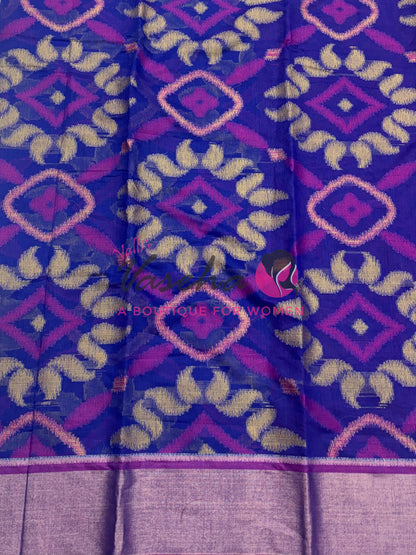 Banarasi Pochampally Weaving Semi Soft Cotton Saree - Blue with Pink - VVBPS001