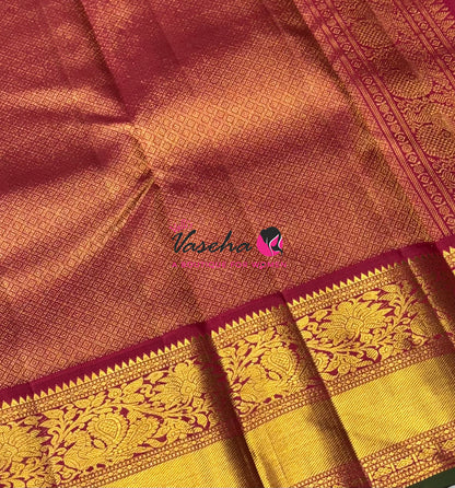 Pure Vintage Korvai Kanchipuram Silk Saree - Chikku & Maroon Combo - VVPS038