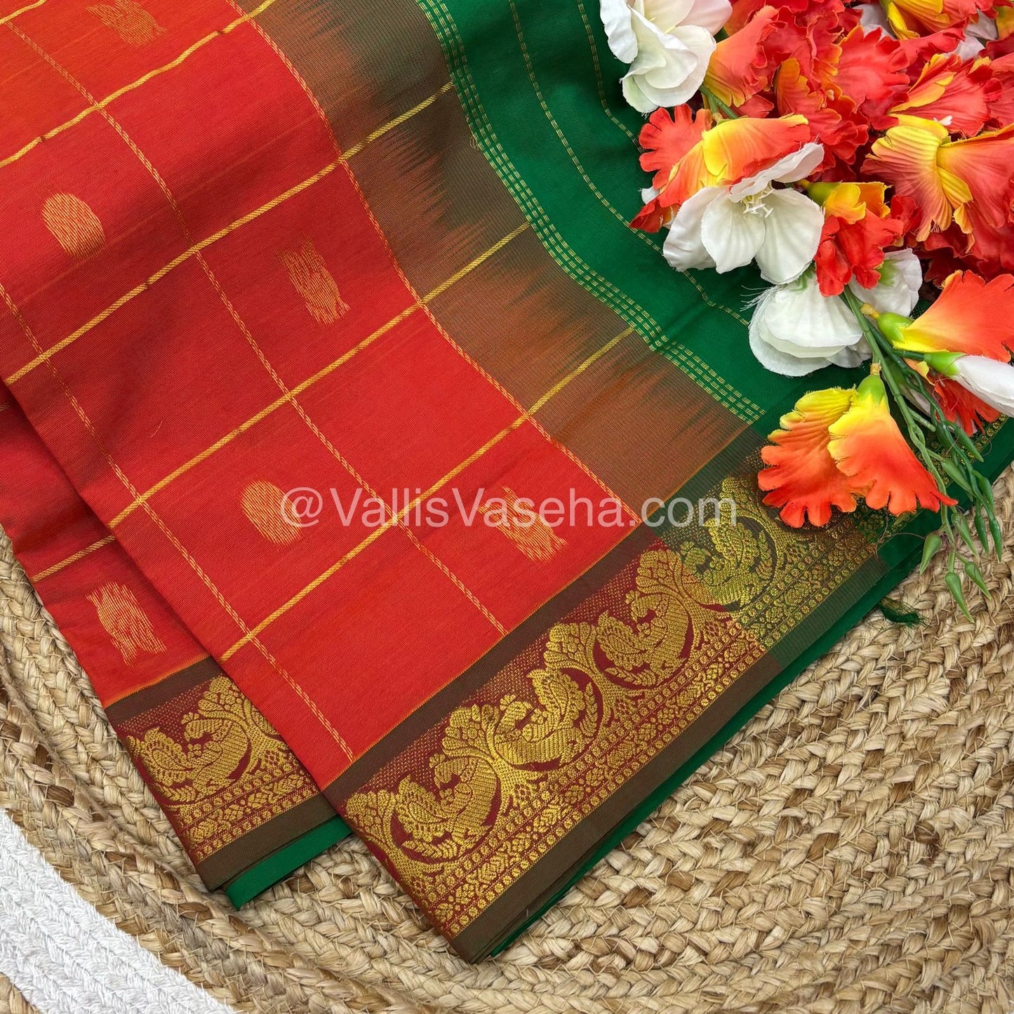 Semi Silk Cotton Saree - Lemon green with Blue  shade - VVSSC002