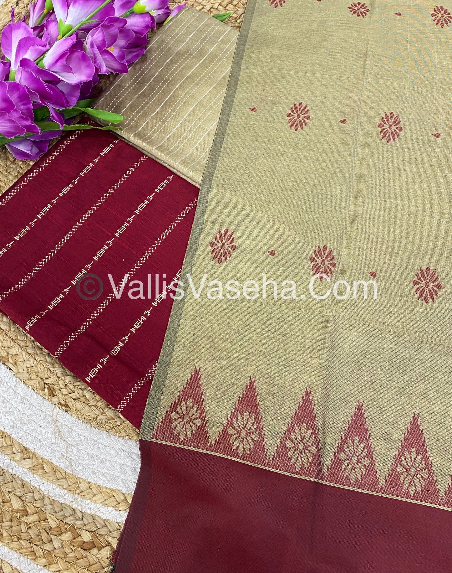 Unstitched Salwar Material -Raw Silk - Red with Cream Shade - VVUSM004