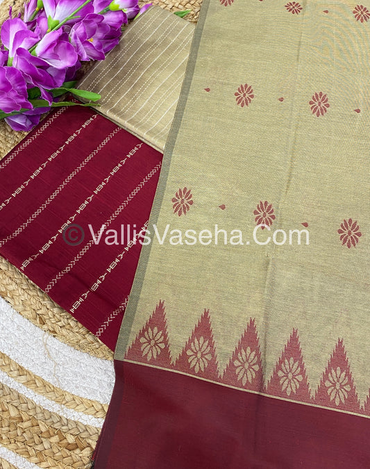 Unstitched Salwar Material -Raw Silk - Red with Cream Shade - VVUSM004