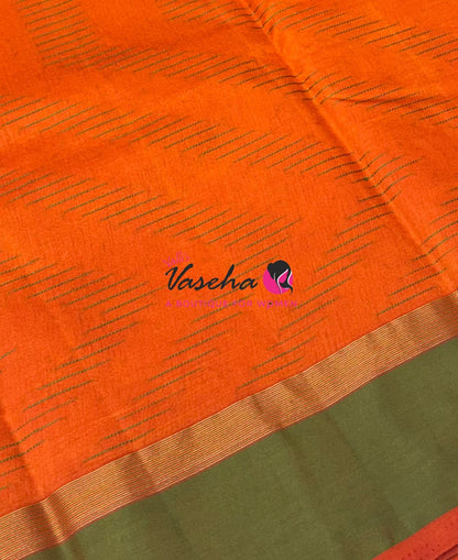 Semi Silk Saree - Thread Work Weaving - Orange With Green - VVSSS0038