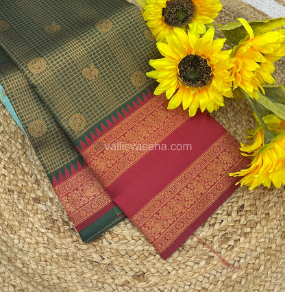 Kanchi Semi Silk - Green with Red - Mayil & Chakkaram design - VVKSS001