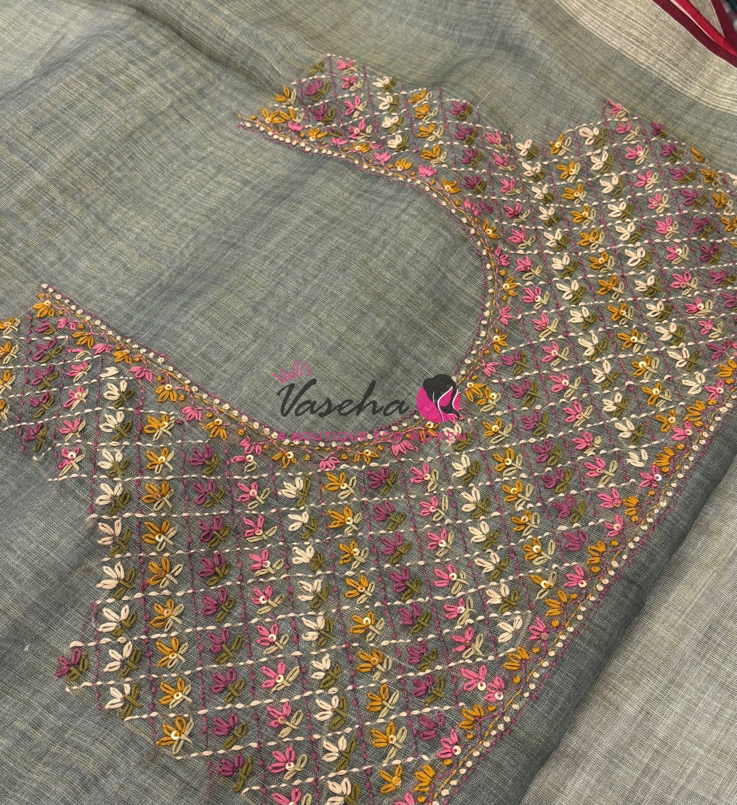 French Knot - Linen Tissue Saree - Grey  Shade - Heavy Work Blouse - VVLFN016