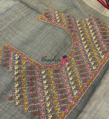 French Knot - Linen Tissue Saree - Grey  Shade - Heavy Work Blouse - VVLFN016
