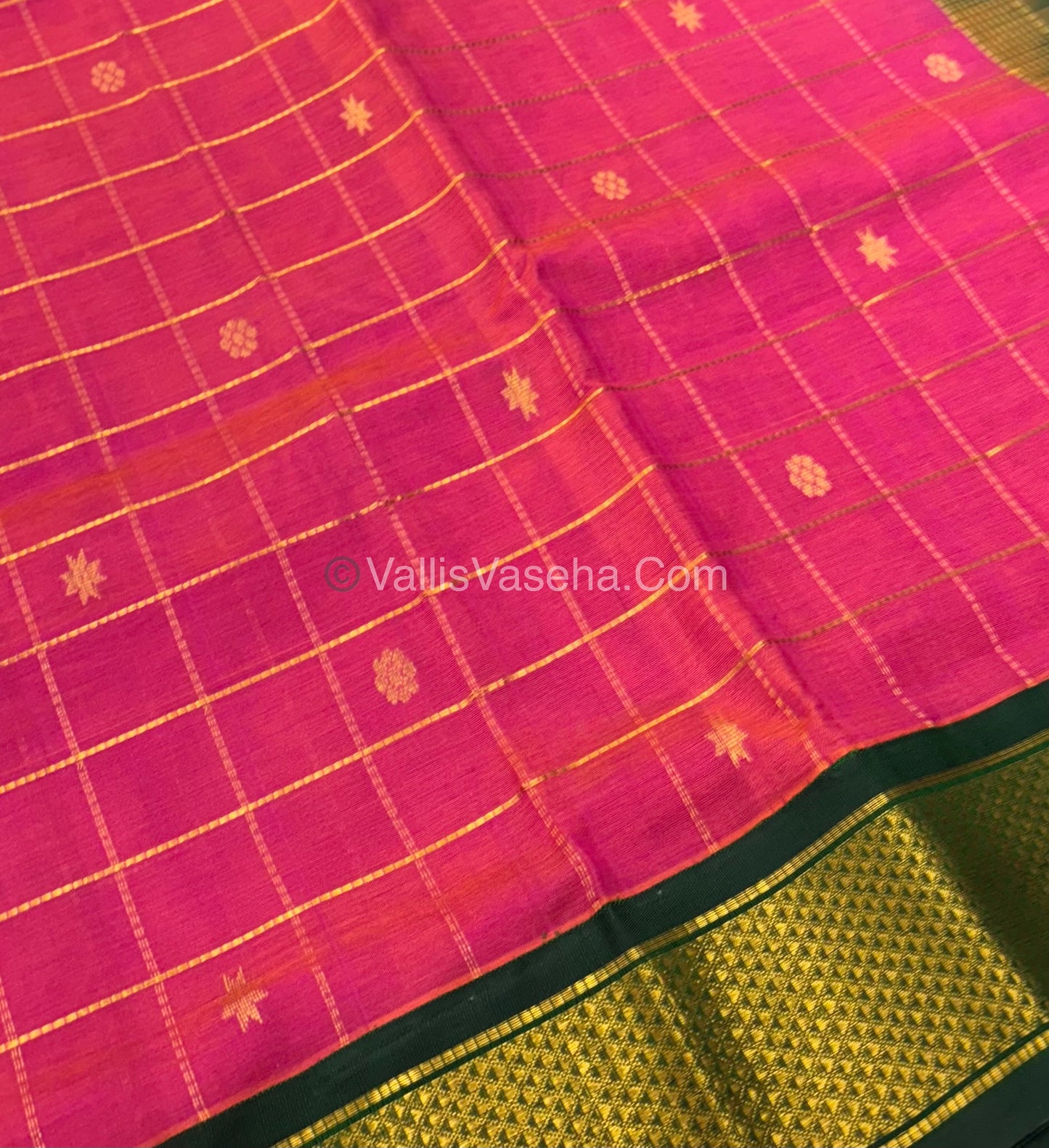Pure Korvai Silk Cotton - Checks Pattern - Pink  with Green Shade  - VVKSC015