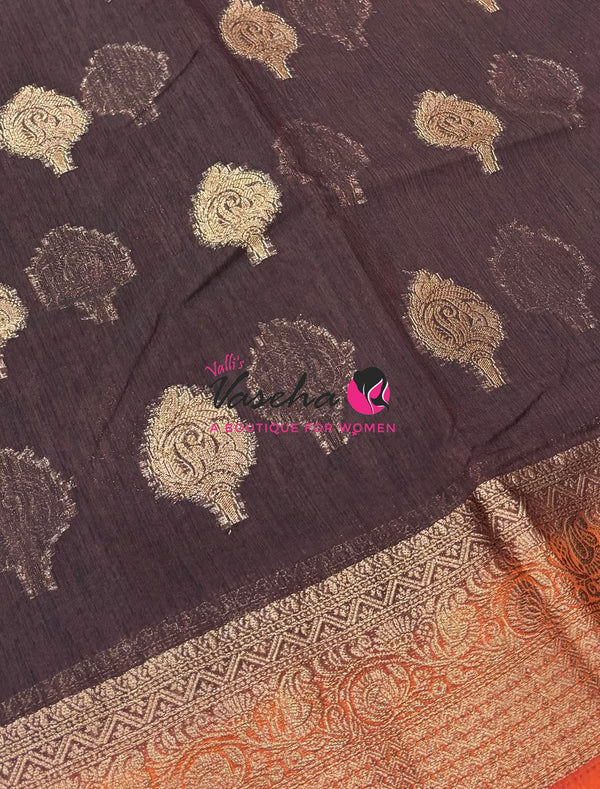 Bamboo Silk Saree - Brown With Rust Orange  - VVBSS019