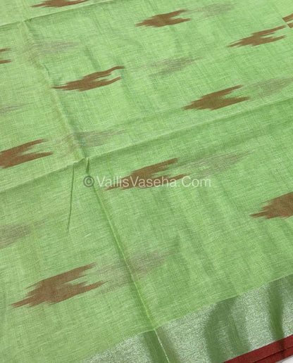 Bhagalpuri Linen Cotton Saree - Ikkat Print - Green With Red Shade - VVBLC001