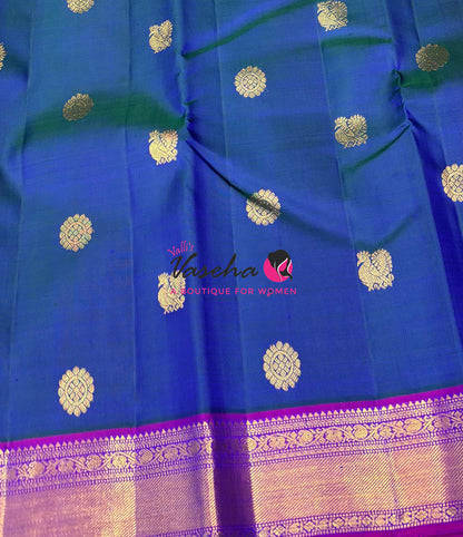 Pure Kanchipuram Silk Saree - Peacock Blue & Purple Combo - VVPS025