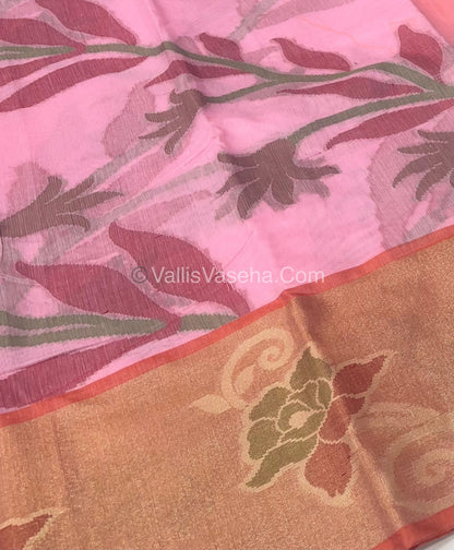 Banarasi Pochampally Weaving Semi Soft Cotton Saree - light Pink with Orange - VVBPS001
