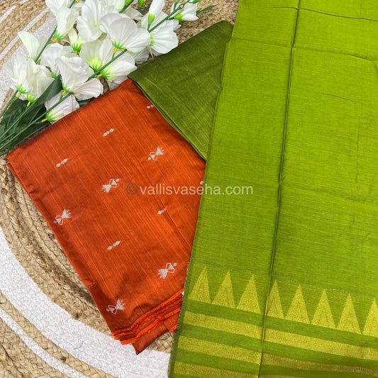 Unstitched Salwar Material -Raw Silk - Orange with Green Shade - VVUSM004