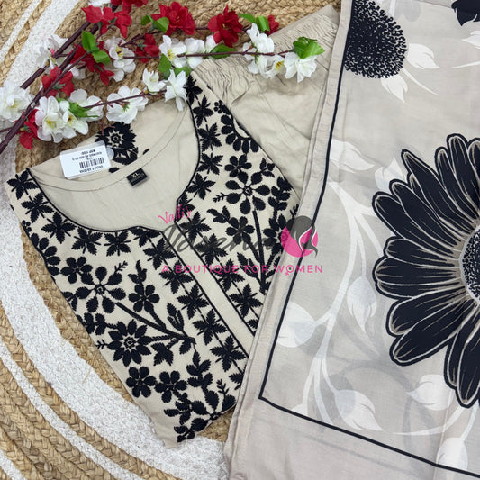 Readymade 3pc Set - Ivory & Black - Thread Embroidered - VVRMS009