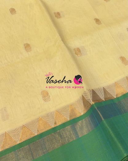 Pure Korvai Silk Cotton Saree - Cream with Turquoise blue -  VVKSC030