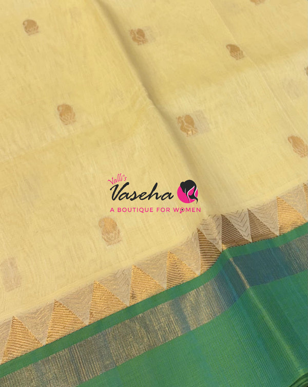 Pure Korvai Silk Cotton Saree - Cream with Turquoise blue -  VVKSC030