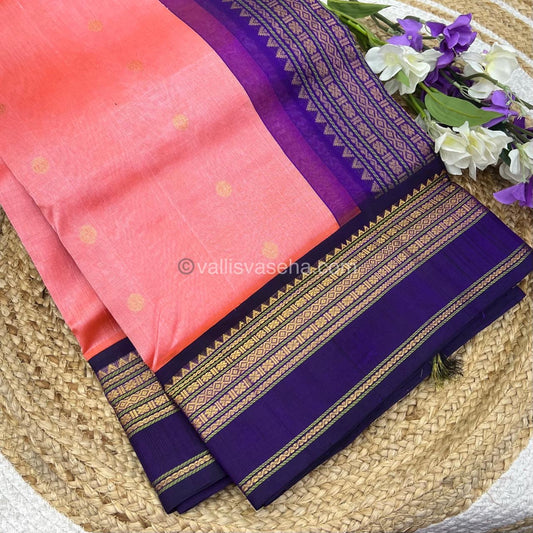 Pure Korvai Silk Cotton Saree - Double tone Peachish Pink with Violetish Purple - Retta Petta border - VVKSC004