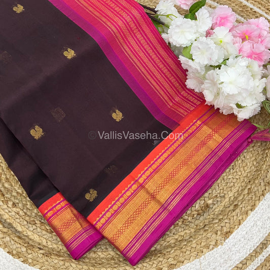Pure Korvai Silk Cotton Saree - Brown with Peachish Pink - VVKSC004